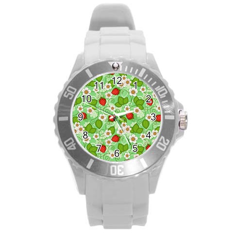 Strawberries Pattern Seamless Round Plastic Sport Watch (L) from ArtsNow.com Front