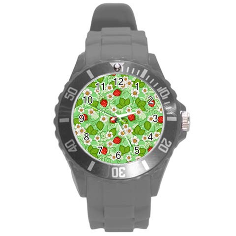 Strawberries Pattern Seamless Round Plastic Sport Watch (L) from ArtsNow.com Front