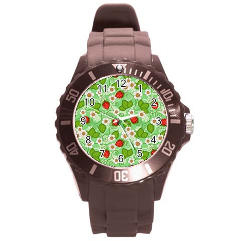 Strawberries Pattern Seamless Round Plastic Sport Watch (L) from ArtsNow.com Front