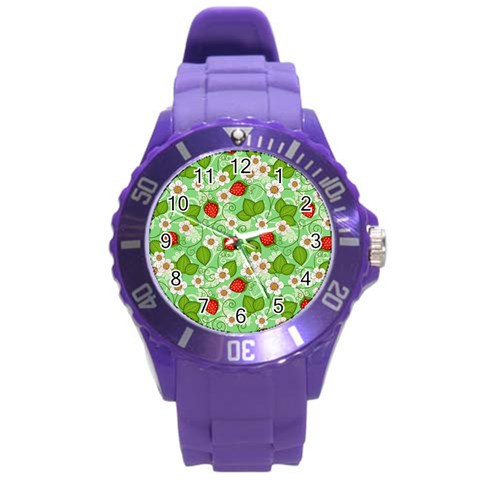 Strawberries Pattern Seamless Round Plastic Sport Watch (L) from ArtsNow.com Front