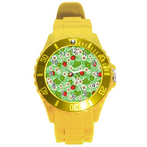 Strawberries Pattern Seamless Round Plastic Sport Watch (L) from ArtsNow.com Front