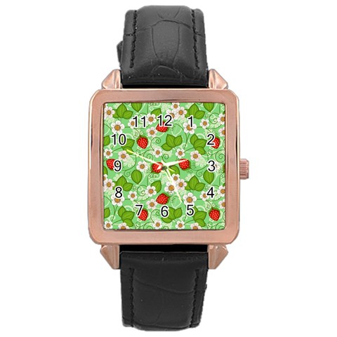 Strawberries Pattern Seamless Rose Gold Leather Watch  from ArtsNow.com Front