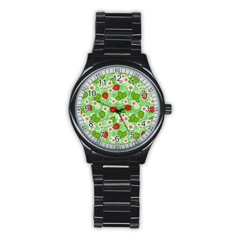 Strawberries Pattern Seamless Stainless Steel Round Watch from ArtsNow.com Front