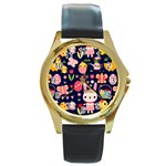 Bunny - Easter Pattern Round Gold Metal Watch