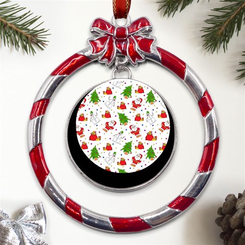 Christmas Pattern, Pattern, Christmas Metal Red Ribbon Round Ornament from ArtsNow.com Front