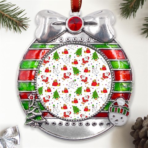 Christmas Pattern, Pattern, Christmas Metal X Mas Ribbon With Red Crystal Round Ornament from ArtsNow.com Front