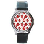 Christmas Texture, Pattern, Red, Craciun, Christmas, Bow, Gift Round Metal Watch