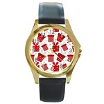 Christmas Texture, Pattern, Red, Craciun, Christmas, Bow, Gift Round Gold Metal Watch