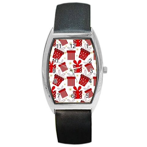 Christmas Texture, Pattern, Red, Craciun, Christmas, Bow, Gift Barrel Style Metal Watch from ArtsNow.com Front