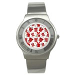 Christmas Texture, Pattern, Red, Craciun, Christmas, Bow, Gift Stainless Steel Watch