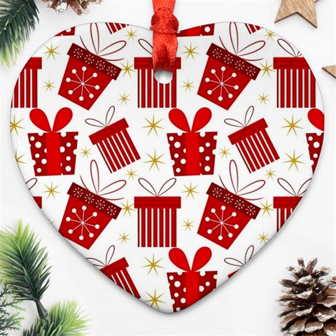 Christmas Texture, Pattern, Red, Craciun, Christmas, Bow, Gift Heart Ornament (Two Sides) from ArtsNow.com Back