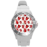 Christmas Texture, Pattern, Red, Craciun, Christmas, Bow, Gift Round Plastic Sport Watch (L)