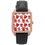 Christmas Texture, Pattern, Red, Craciun, Christmas, Bow, Gift Rose Gold Leather Watch 