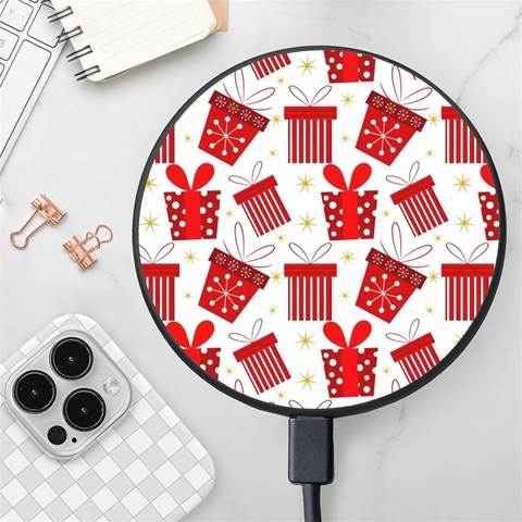 Christmas Texture, Pattern, Red, Craciun, Christmas, Bow, Gift Wireless Fast Charger(Black) from ArtsNow.com Front