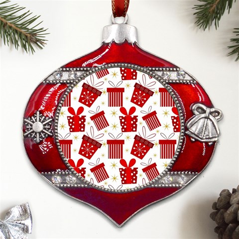 Christmas Texture, Pattern, Red, Craciun, Christmas, Bow, Gift Metal Snowflake And Bell Red Ornament from ArtsNow.com Front