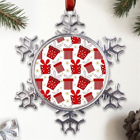 Christmas Texture, Pattern, Red, Craciun, Christmas, Bow, Gift Metal Large Snowflake Ornament from ArtsNow.com Front