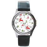 Christmas Texture, Pattern, Red, Craciun, Christmas, Snowflake, Round Metal Watch