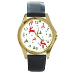 Christmas Texture, Pattern, Red, Craciun, Christmas, Snowflake, Round Gold Metal Watch