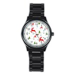 Christmas Texture, Pattern, Red, Craciun, Christmas, Snowflake, Stainless Steel Round Watch