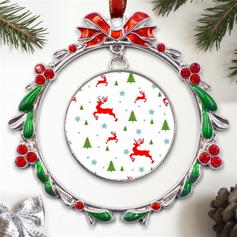 Christmas Texture, Pattern, Red, Craciun, Christmas, Snowflake, Metal X mas Wreath Ribbon Ornament from ArtsNow.com Front