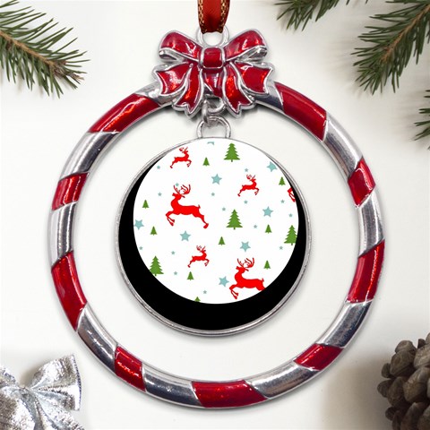 Christmas Texture, Pattern, Red, Craciun, Christmas, Snowflake, Metal Red Ribbon Round Ornament from ArtsNow.com Front