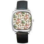 Christmas Texture, Pattern, Red, Tree, Craciun, Green, Christmas Square Metal Watch