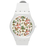 Christmas Texture, Pattern, Red, Tree, Craciun, Green, Christmas Round Plastic Sport Watch (M)