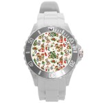 Christmas Texture, Pattern, Red, Tree, Craciun, Green, Christmas Round Plastic Sport Watch (L)