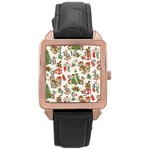 Christmas Texture, Pattern, Red, Tree, Craciun, Green, Christmas Rose Gold Leather Watch 