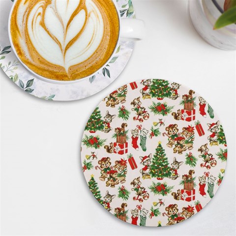 Christmas Texture, Pattern, Red, Tree, Craciun, Green, Christmas UV Print Round Tile Coaster from ArtsNow.com Front