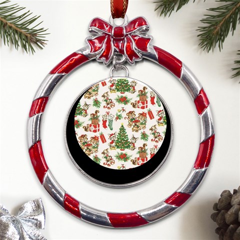 Christmas Texture, Pattern, Red, Tree, Craciun, Green, Christmas Metal Red Ribbon Round Ornament from ArtsNow.com Front