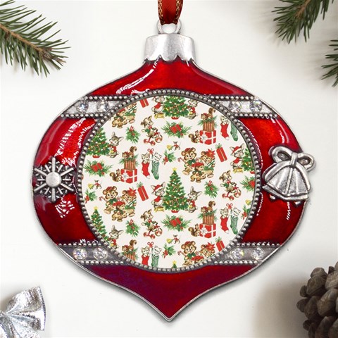 Christmas Texture, Pattern, Red, Tree, Craciun, Green, Christmas Metal Snowflake And Bell Red Ornament from ArtsNow.com Front