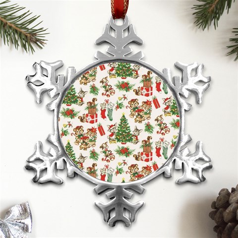 Christmas Texture, Pattern, Red, Tree, Craciun, Green, Christmas Metal Small Snowflake Ornament from ArtsNow.com Front