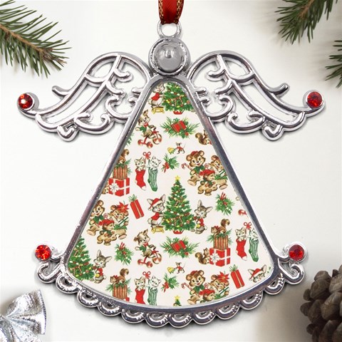 Christmas Texture, Pattern, Red, Tree, Craciun, Green, Christmas Metal Angel with Crystal Ornament from ArtsNow.com Front