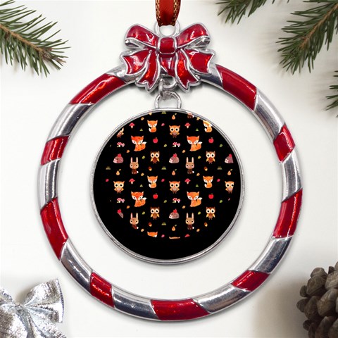 Cool Woodland Animal, Koteto, Scandinavian, Acorn Metal Red Ribbon Round Ornament from ArtsNow.com Front