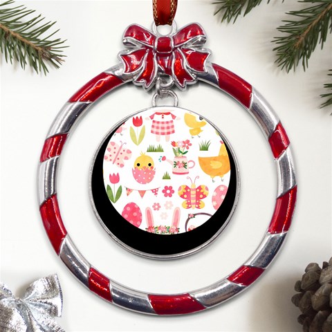 Cute Easter Bunny, Koteto, Animal, Baby Metal Red Ribbon Round Ornament from ArtsNow.com Front