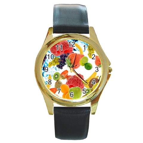 Fruits, Drip, Fruit, Paint, Spring Round Gold Metal Watch from ArtsNow.com Front