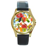 Fruits, Drip, Fruit, Paint, Spring Round Gold Metal Watch