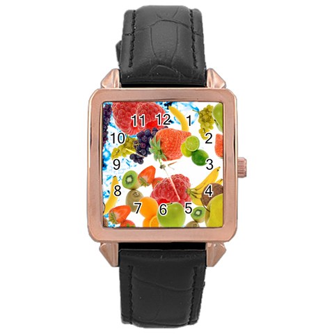 Fruits, Drip, Fruit, Paint, Spring Rose Gold Leather Watch  from ArtsNow.com Front