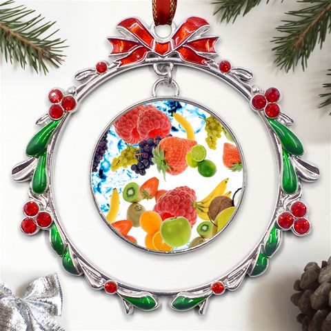 Fruits, Drip, Fruit, Paint, Spring Metal X mas Wreath Ribbon Ornament from ArtsNow.com Front