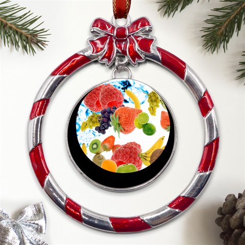 Fruits, Drip, Fruit, Paint, Spring Metal Red Ribbon Round Ornament from ArtsNow.com Front