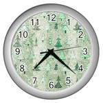 Green Christmas Trees, Cute, Doodle Wall Clock (Silver)