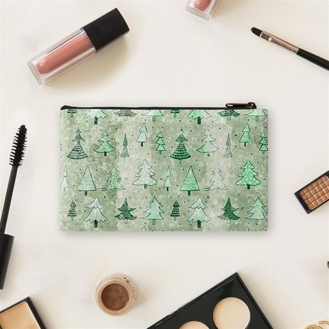 Green Christmas Trees, Cute, Doodle Cosmetic Bag (Small) from ArtsNow.com Back