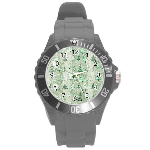 Green Christmas Trees, Cute, Doodle Round Plastic Sport Watch (L) from ArtsNow.com Front