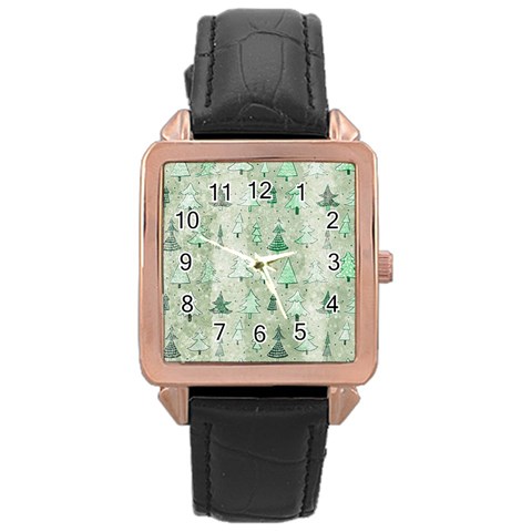 Green Christmas Trees, Cute, Doodle Rose Gold Leather Watch  from ArtsNow.com Front