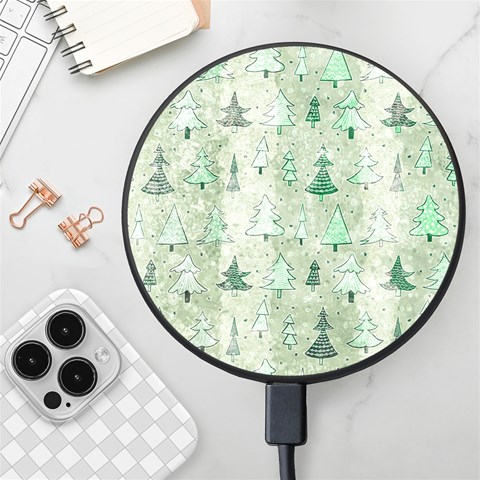 Green Christmas Trees, Cute, Doodle Wireless Fast Charger(Black) from ArtsNow.com Front