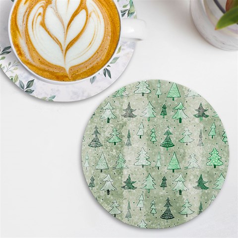 Green Christmas Trees, Cute, Doodle UV Print Round Tile Coaster from ArtsNow.com Front