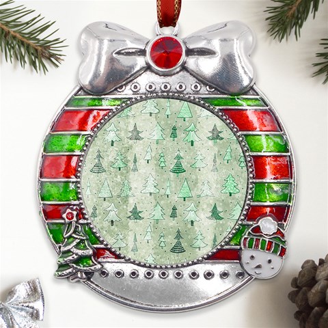 Green Christmas Trees, Cute, Doodle Metal X Mas Ribbon With Red Crystal Round Ornament from ArtsNow.com Front