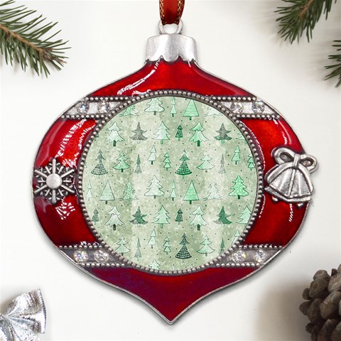 Green Christmas Trees, Cute, Doodle Metal Snowflake And Bell Red Ornament from ArtsNow.com Front