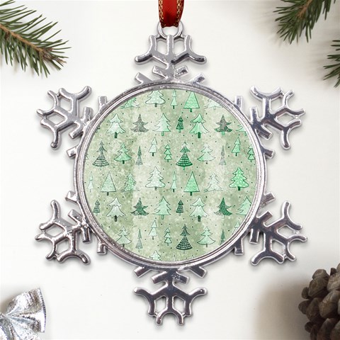 Green Christmas Trees, Cute, Doodle Metal Large Snowflake Ornament from ArtsNow.com Front